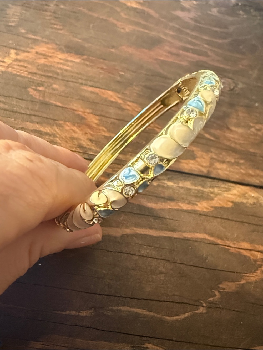 Gold Plated Enamel and Crystal Bangle Bracelet - Blue & Cream